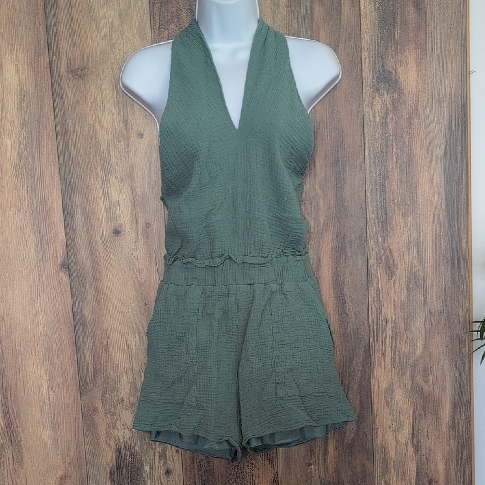 Listicle Green Utility Cottom Halter Romper Jumpsuit S